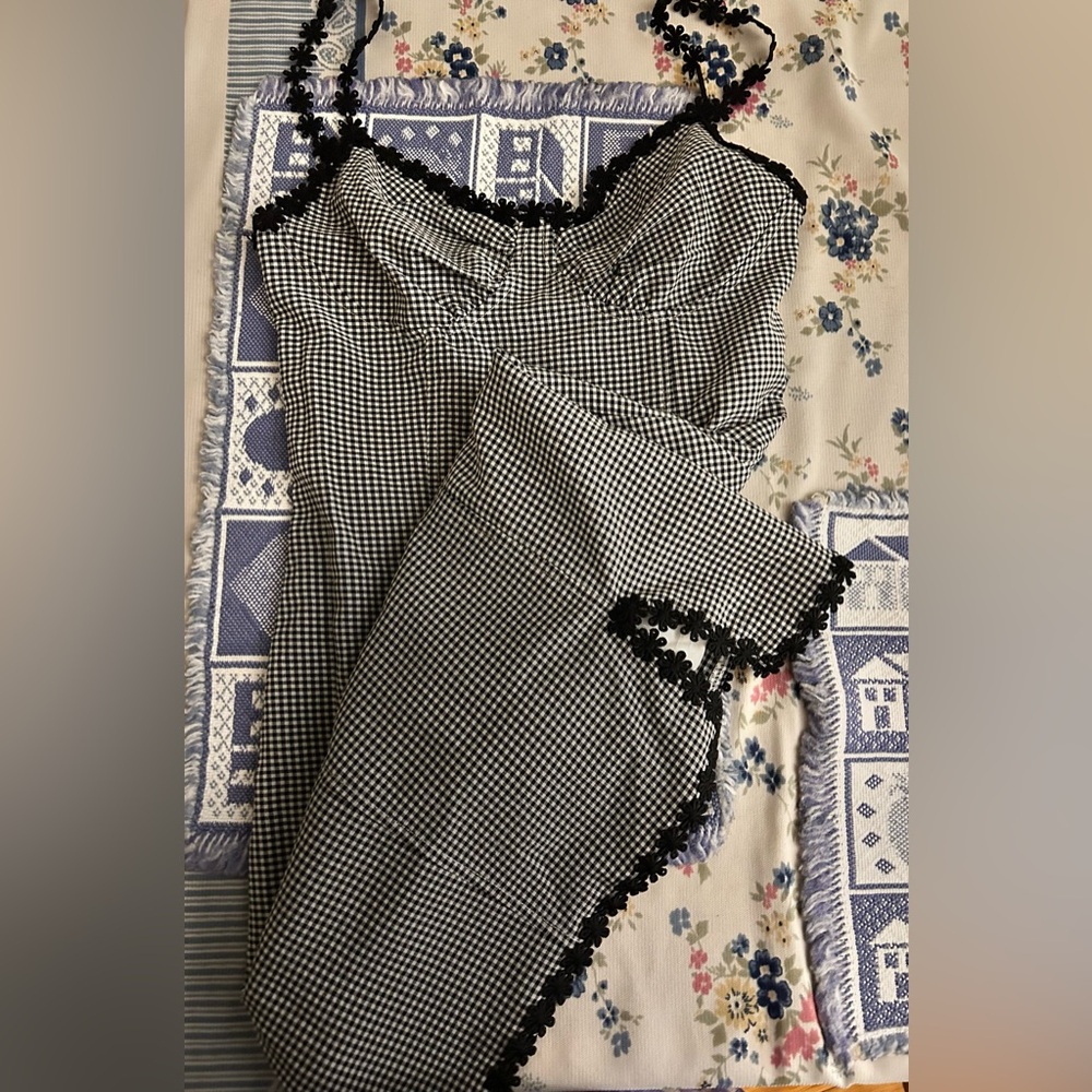 Black and white plaid, black flower lace trimmed sun dress